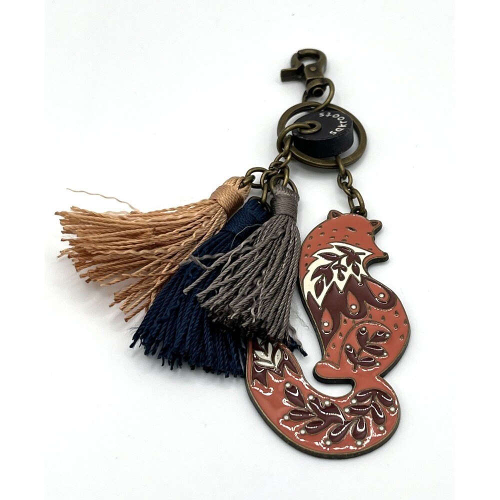 Sakroots Fox Bag Charm Keychain Purse Fob Tassels Scandinavian Enamel Wood Boho